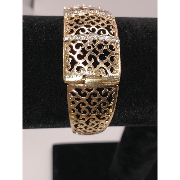 🍭3 for 20 - Gold Tone Filigree Clasp Bracelet Rhinestones 7" Sparkle Pretty - Picture 6 of 9